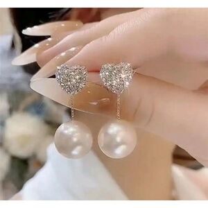 Korean Fashion Girly Gem Rhinestone Heart Stud Pearl Dangle Women Jewelry Earrin